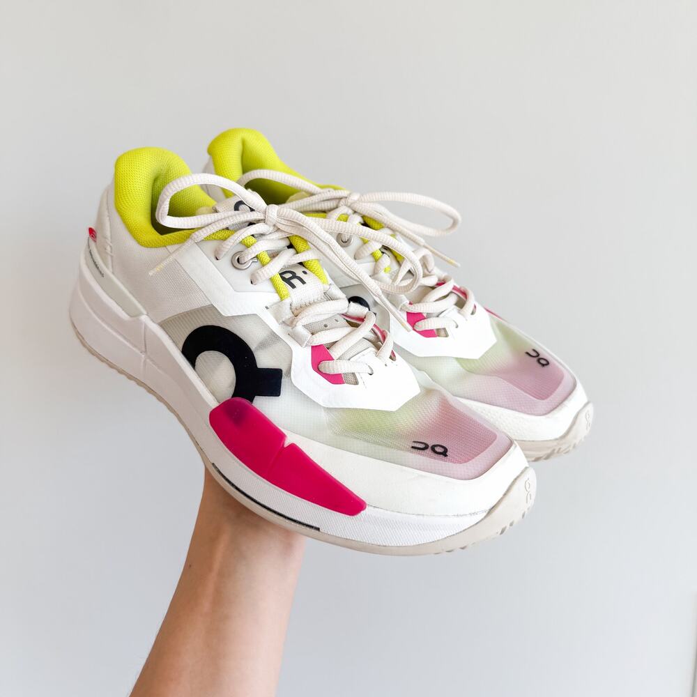 On Running Women’s Athletic Shoes in White with Pink & Neon Yellow Accent